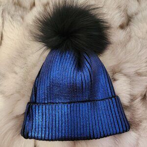 New Womens Adrienne Landau Real Fox Fur Pompom Metallic Blue Beanie Hat